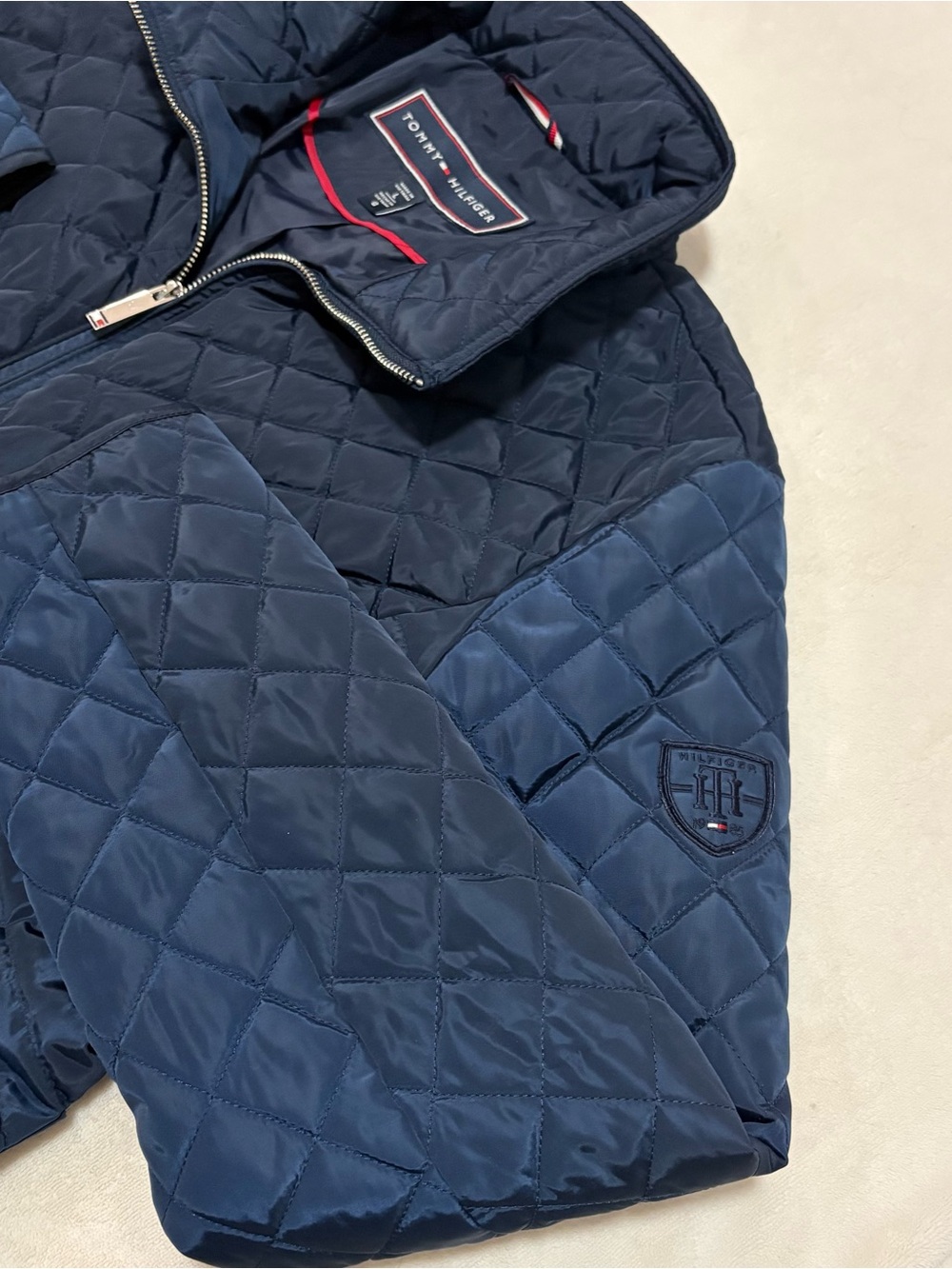 Tommy Hilfiger Women’s Large Navy Quilted Puffer Jacket Full Zip Preppy Coat